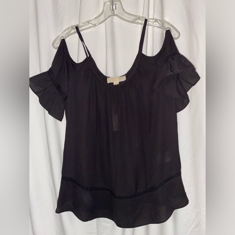 Michael Kors Black Flutter Sleeve Cold Shoulder Chiffon Lace Trim Top Sz S NWT